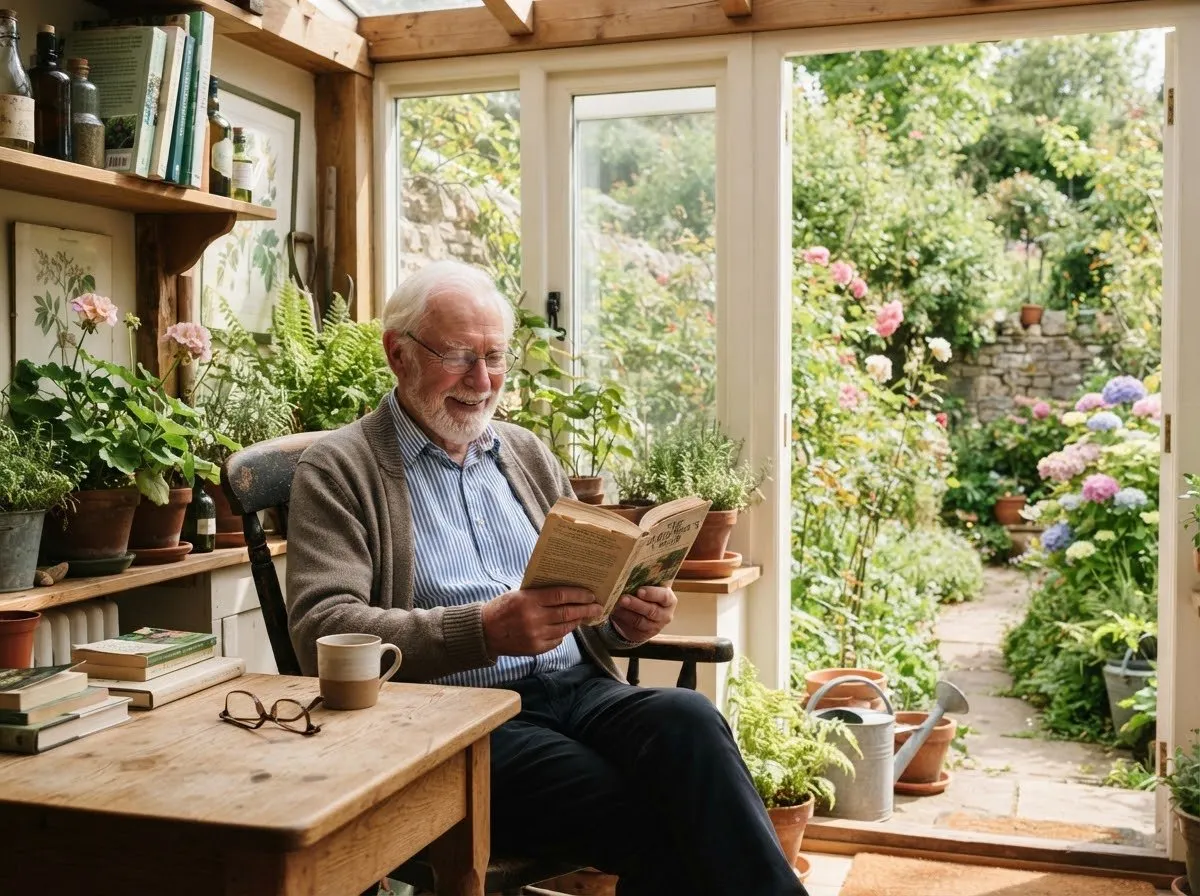 An older man reading in a sunny room at home