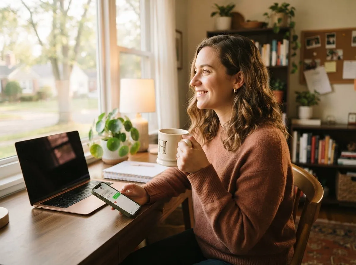 A woman on the phone at home, checking in on a parent who lives far away