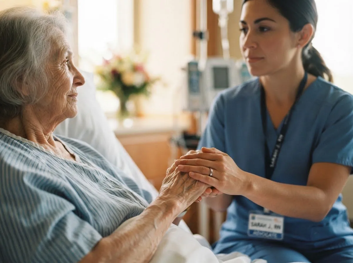 A nurse holding an older patient’s hand